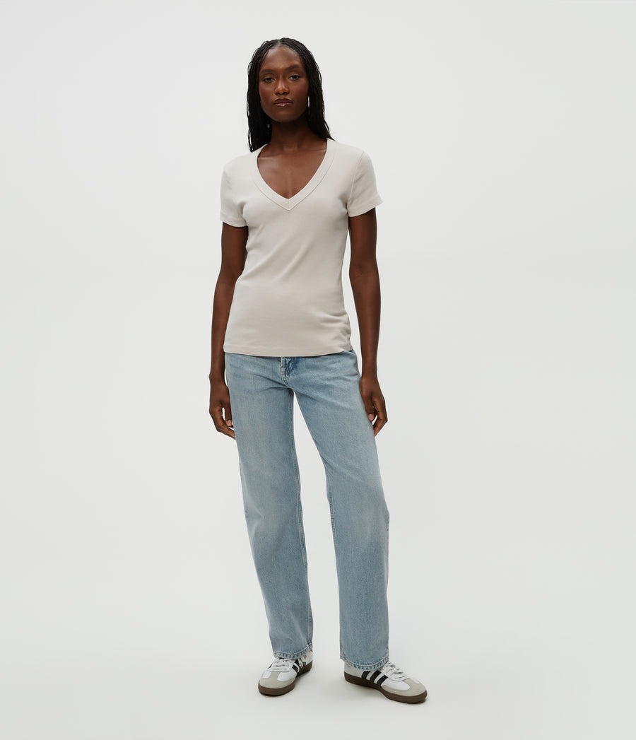 Nikki V-Neck Tee in Cement  Full Body View #CEMENT