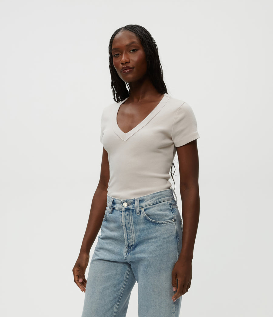 Nikki V-Neck Tee in Cement  Side View #CEMENT