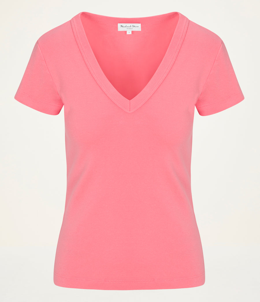 Nikki V-Neck Tee in CORAL SHERBET PINK Close up View #CORAL SHERBET