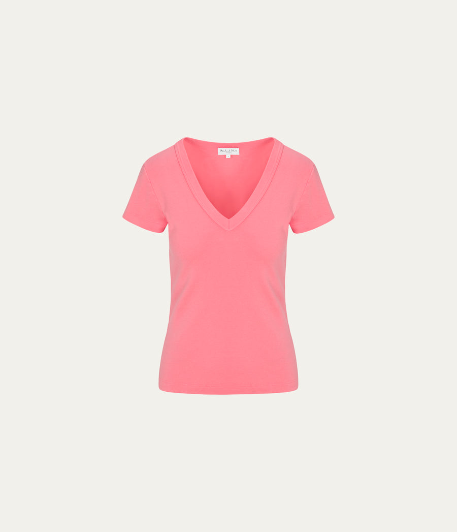 Nikki V-Neck Tee in CORAL SHERBET PINK Close up View #CORAL SHERBET