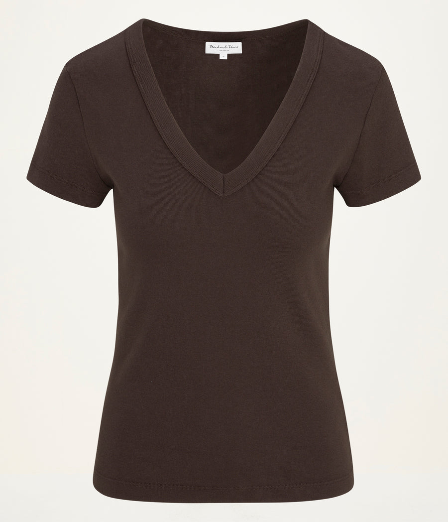 Nikki V-Neck Tee in Java Brown Close Up View #JAVA