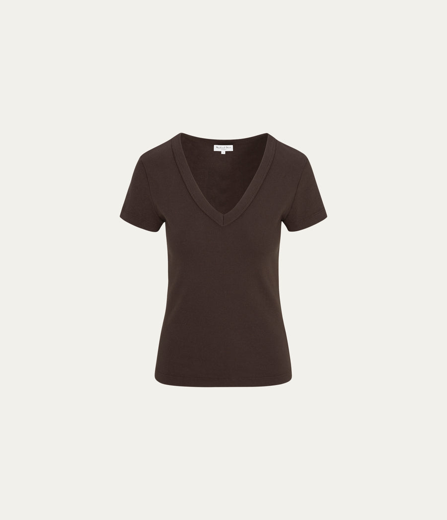 Nikki V-Neck Tee in Java Brown Close Up View #JAVA