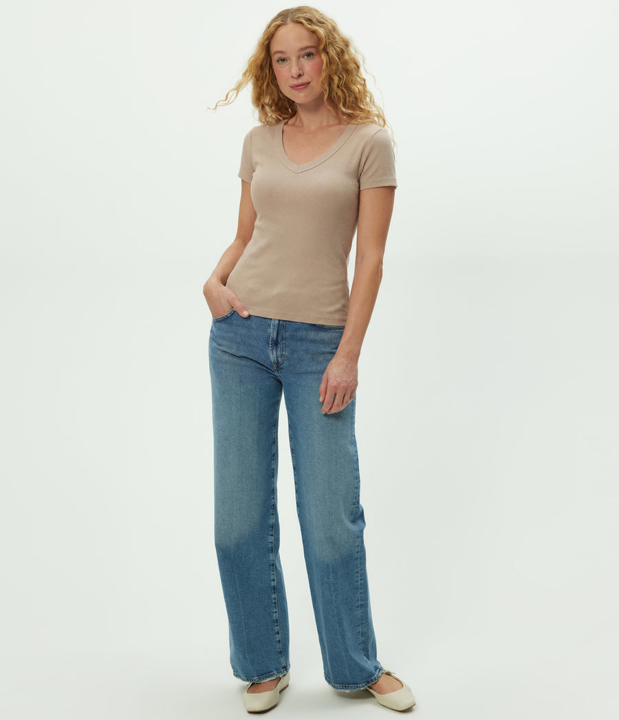 Nikki V-Neck Tee in  MACADAMIA Beige Full Body View #MACADAMIA