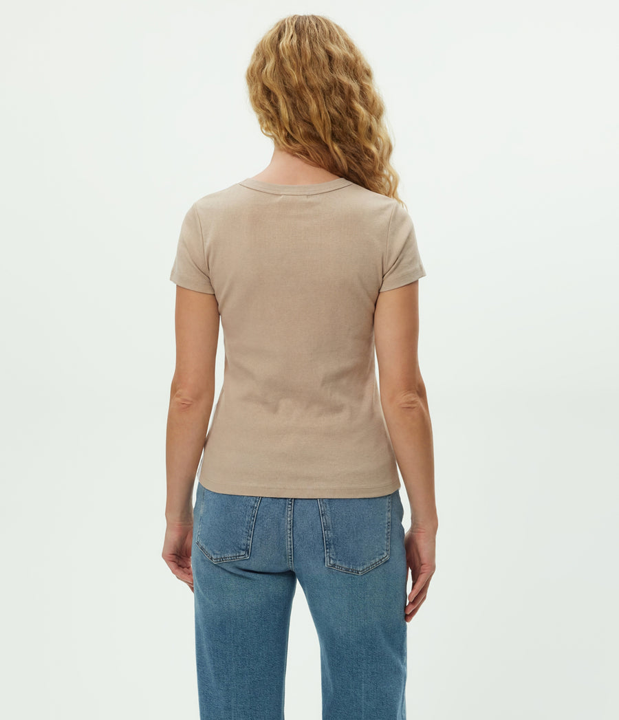 Nikki V-Neck Tee in  MACADAMIA Beige Back View #MACADAMIA