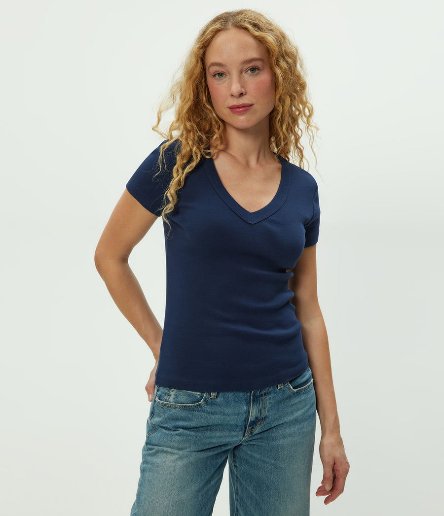 Nikki V-Neck Tee in Nocturnal Blue Close up View  #NOCTURNAL