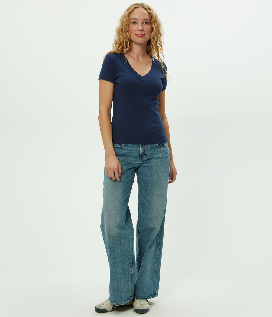 Nikki V-Neck Tee in Nocturnal Blue Full Body View #NOCTURNAL