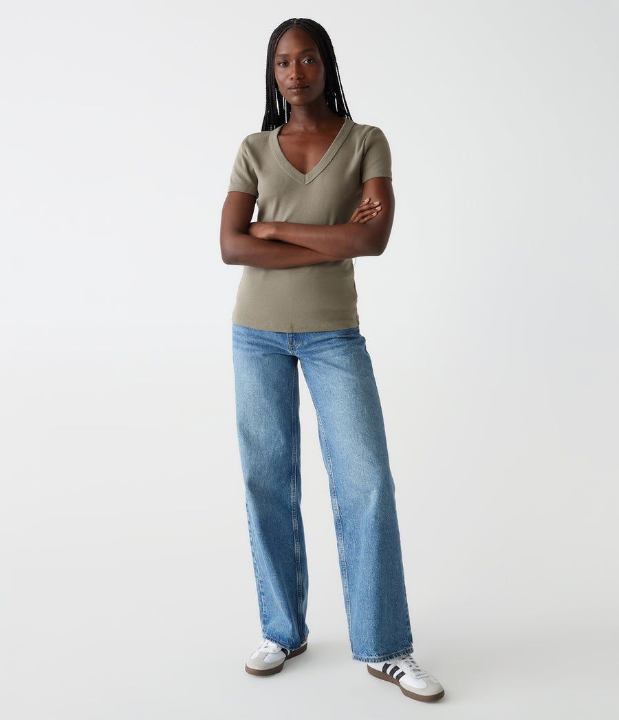 Nikki V-Neck Tee in Olive Green Full Body View #OLIVE