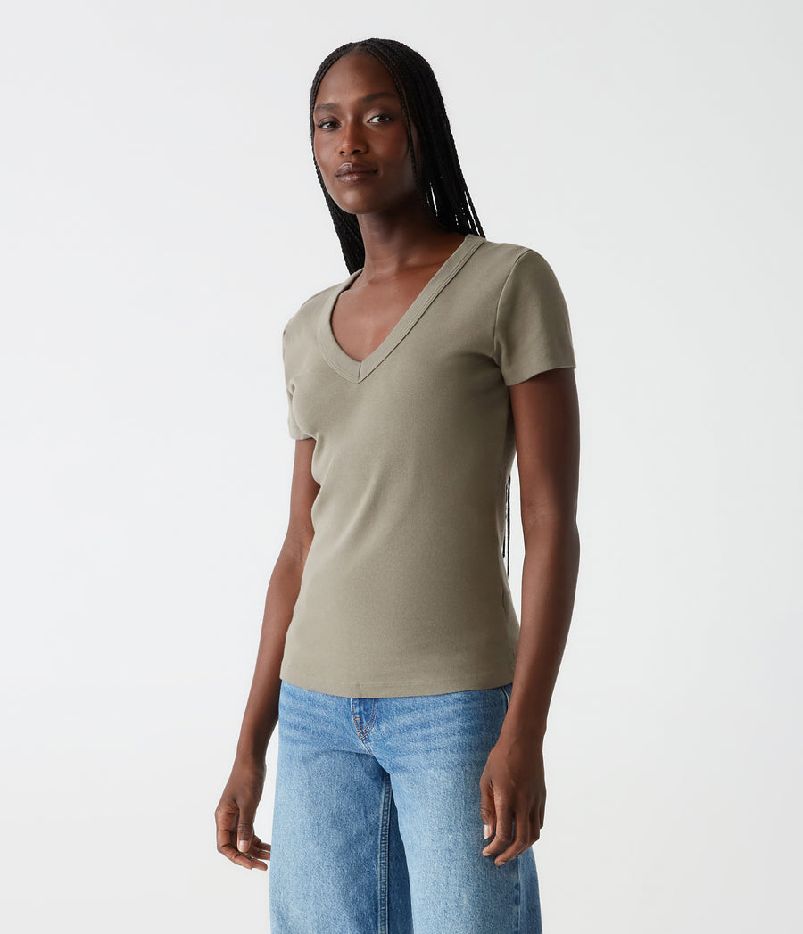 Nikki V-Neck Tee in Olive Green Side View #OLIVE