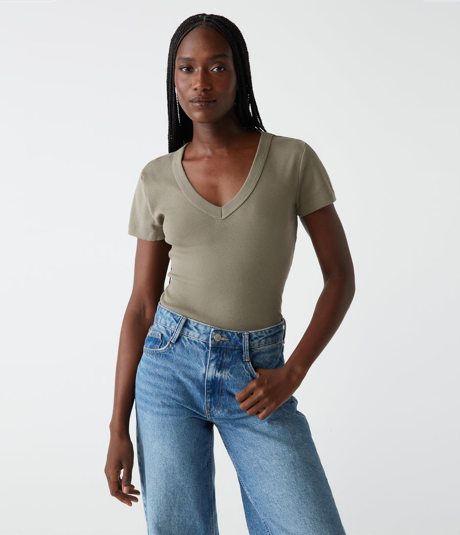 Nikki V-Neck Tee in Olive Green Close Up View #OLIVE