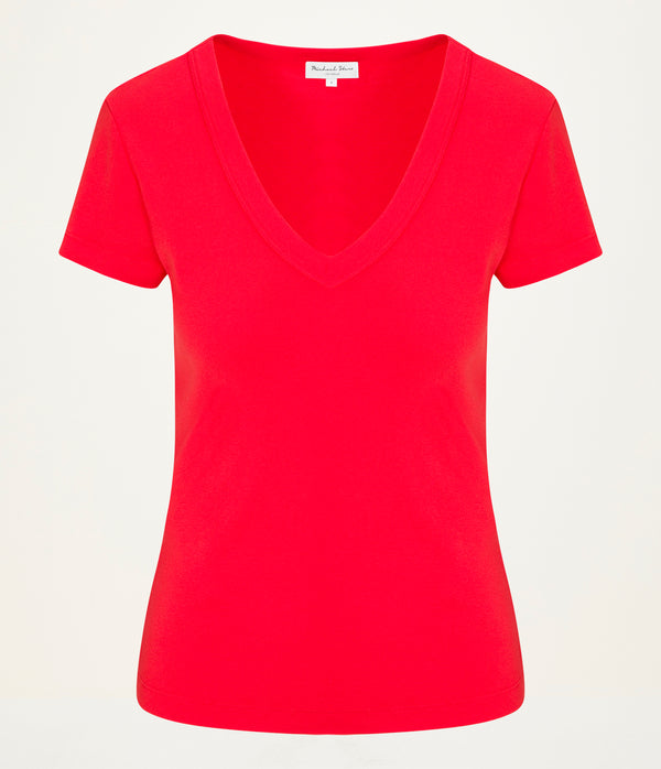 Nikki V-Neck Tee in SAMBA RED Close up View #SAMBA