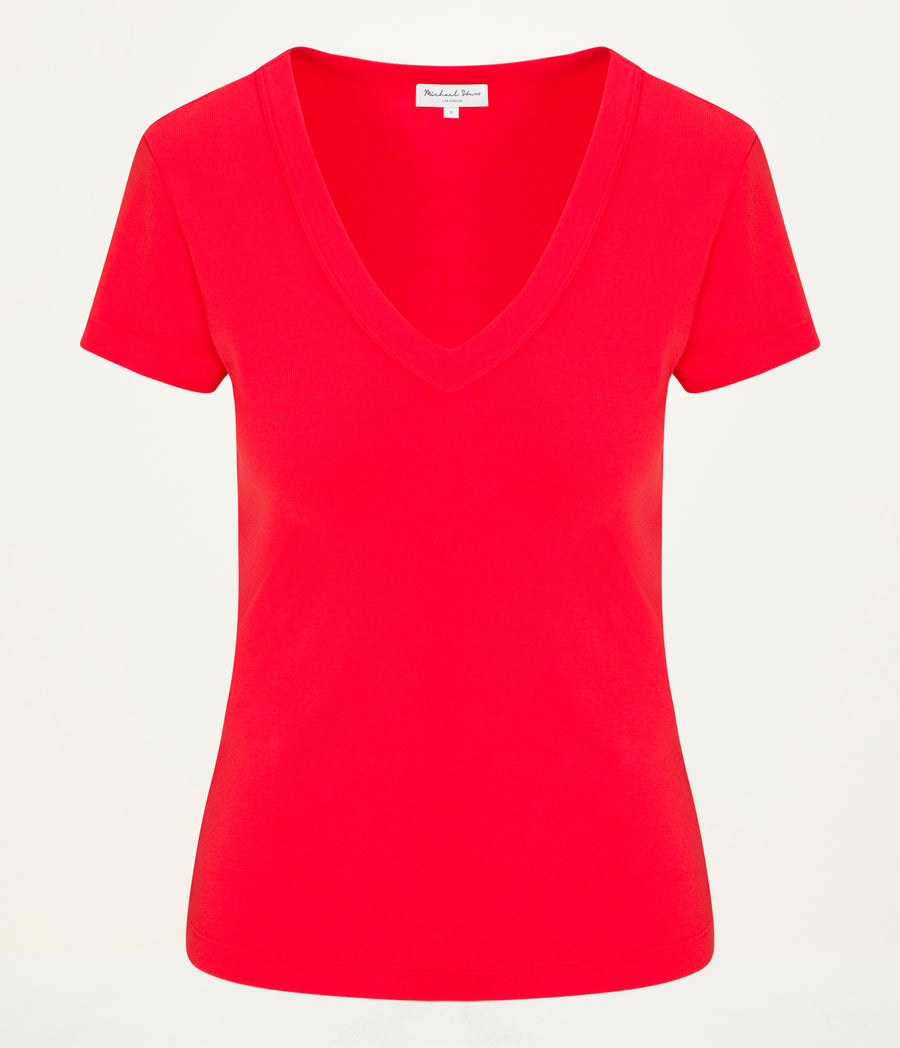 Nikki V-Neck Tee in SAMBA RED Close up View #SAMBA