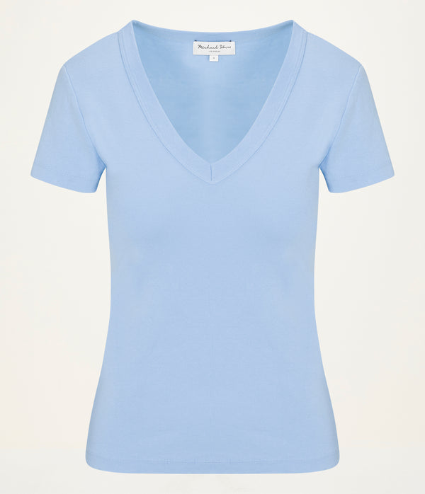 Nikki V-Neck Tee in SKY Blue Close up View #SKY