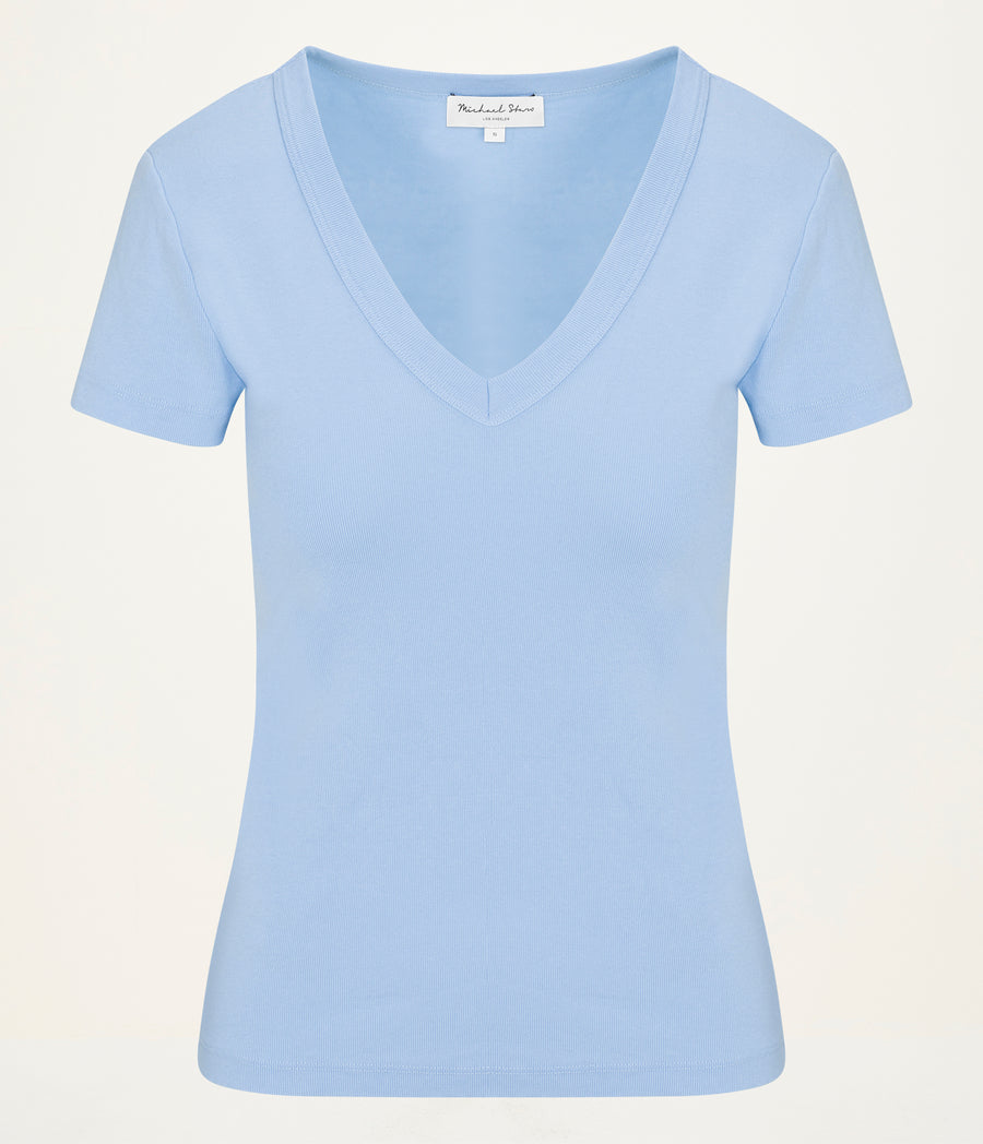 Nikki V-Neck Tee in SKY Blue Close up View #SKY
