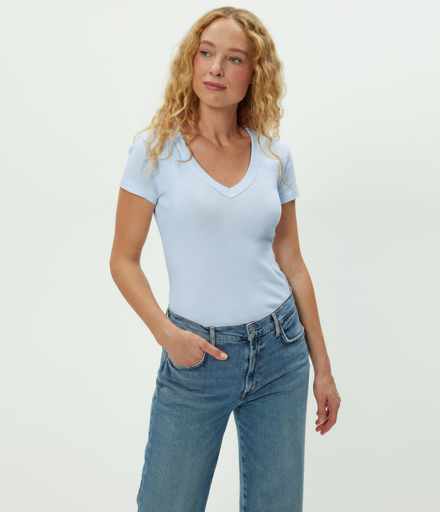 Nikki V-Neck Tee in SPLASH Blue Close up View #SPLASH