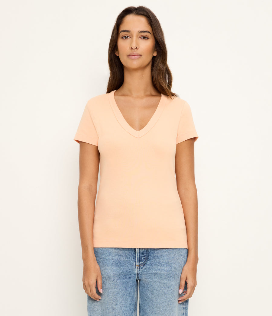 Nikki V-Neck Tee in Tangerine Orange Full Body View #TANGERINE