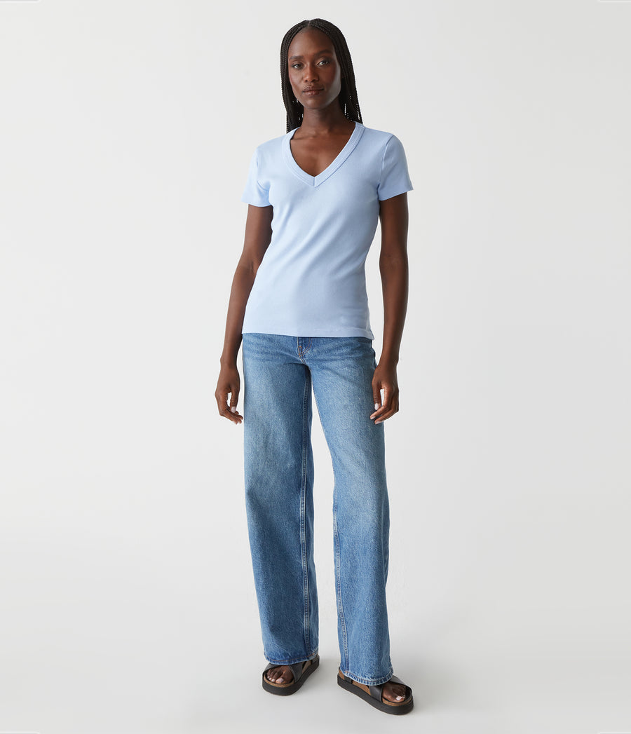 Nikki V-Neck Tee in Water Blue Full Body View #WATER