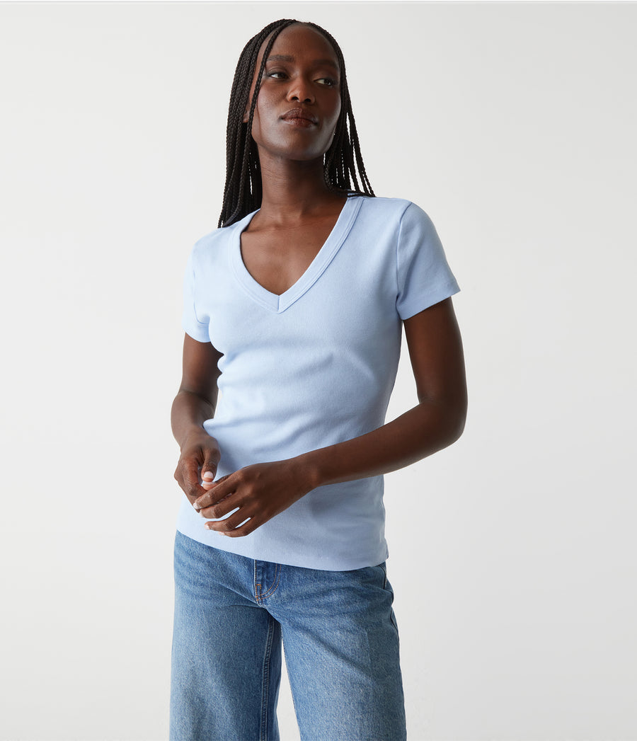 Nikki V-Neck Tee in Water Blue Close Up View #WATER