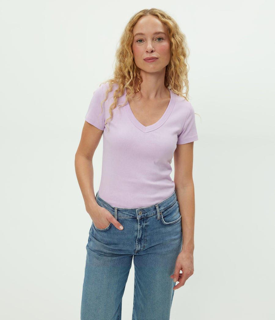 Nikki V-Neck Tee in WHIMSY PURPLE Close up View #WHIMSY