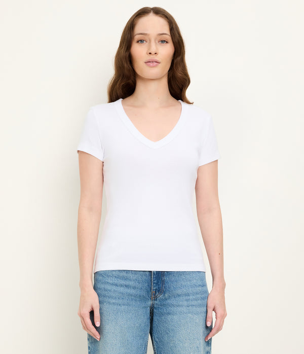 Nikki V-Neck Tee in White Full Body View #WHITE
