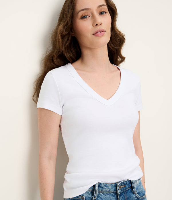 Nikki V-Neck Tee in White Close up View #WHITE
