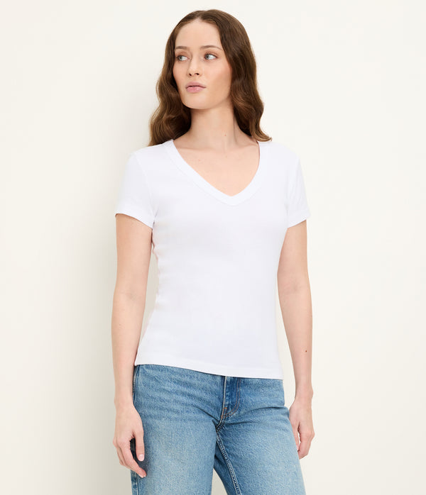 Nikki V-Neck Tee in White Side View #WHITE
