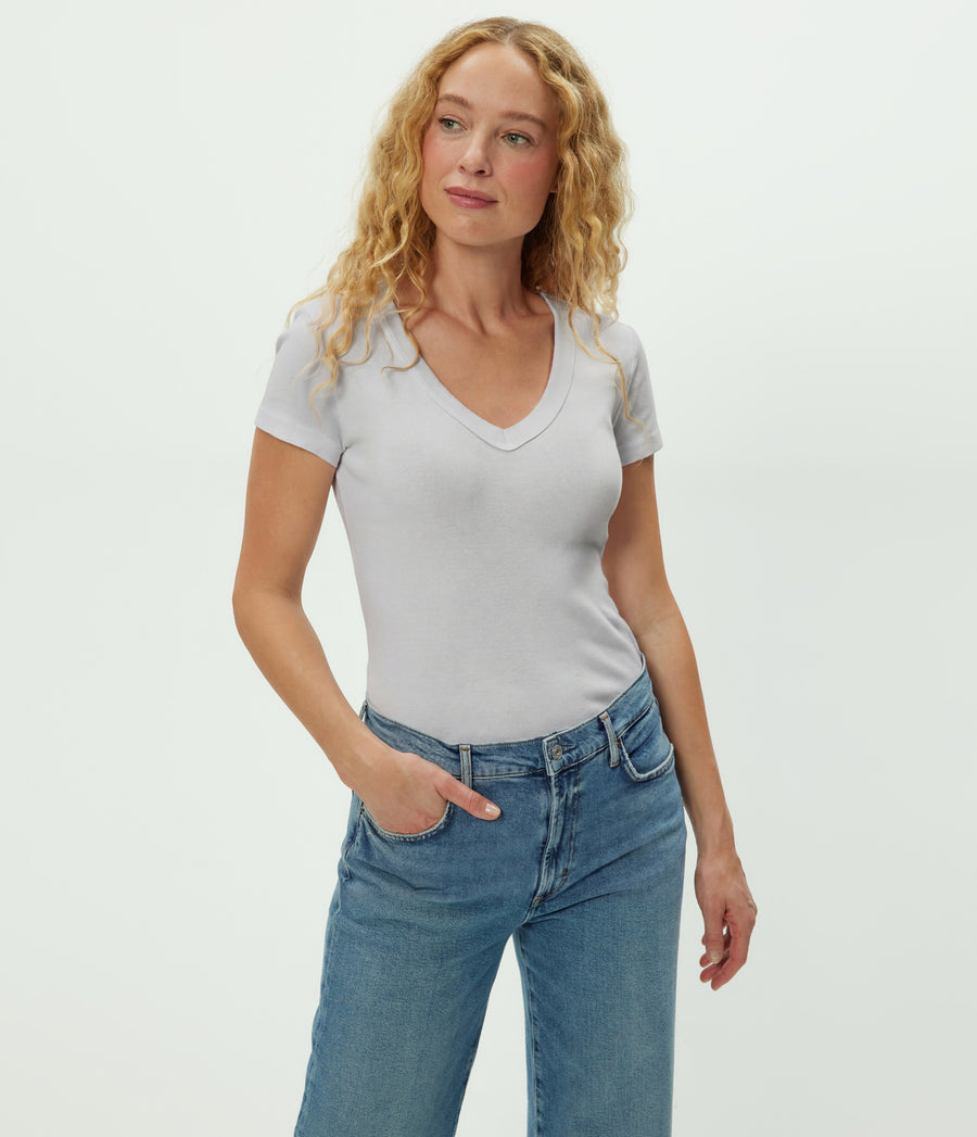 Nikki V-Neck Tee in ZINC Grey Close Up View #ZINC