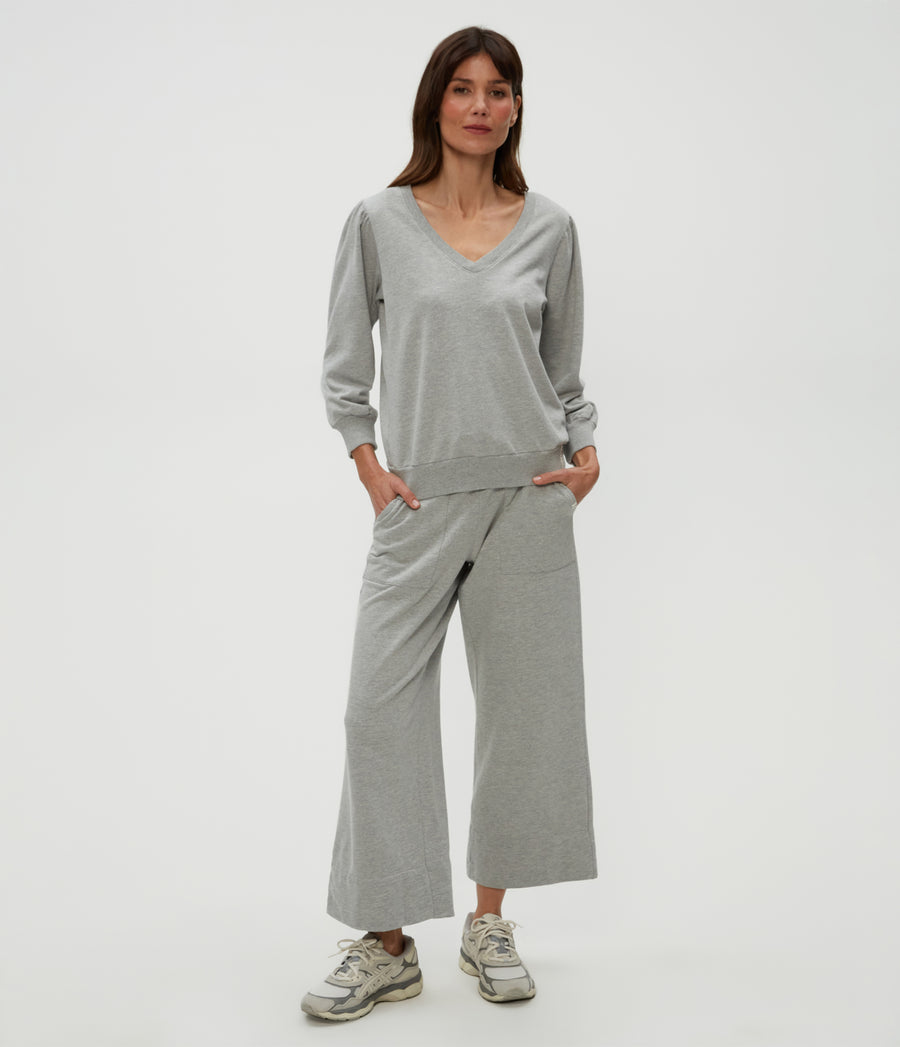 Kit V-Neck Sweatshirt in Heather Grey Grey Full Body View #HEATHER GREY