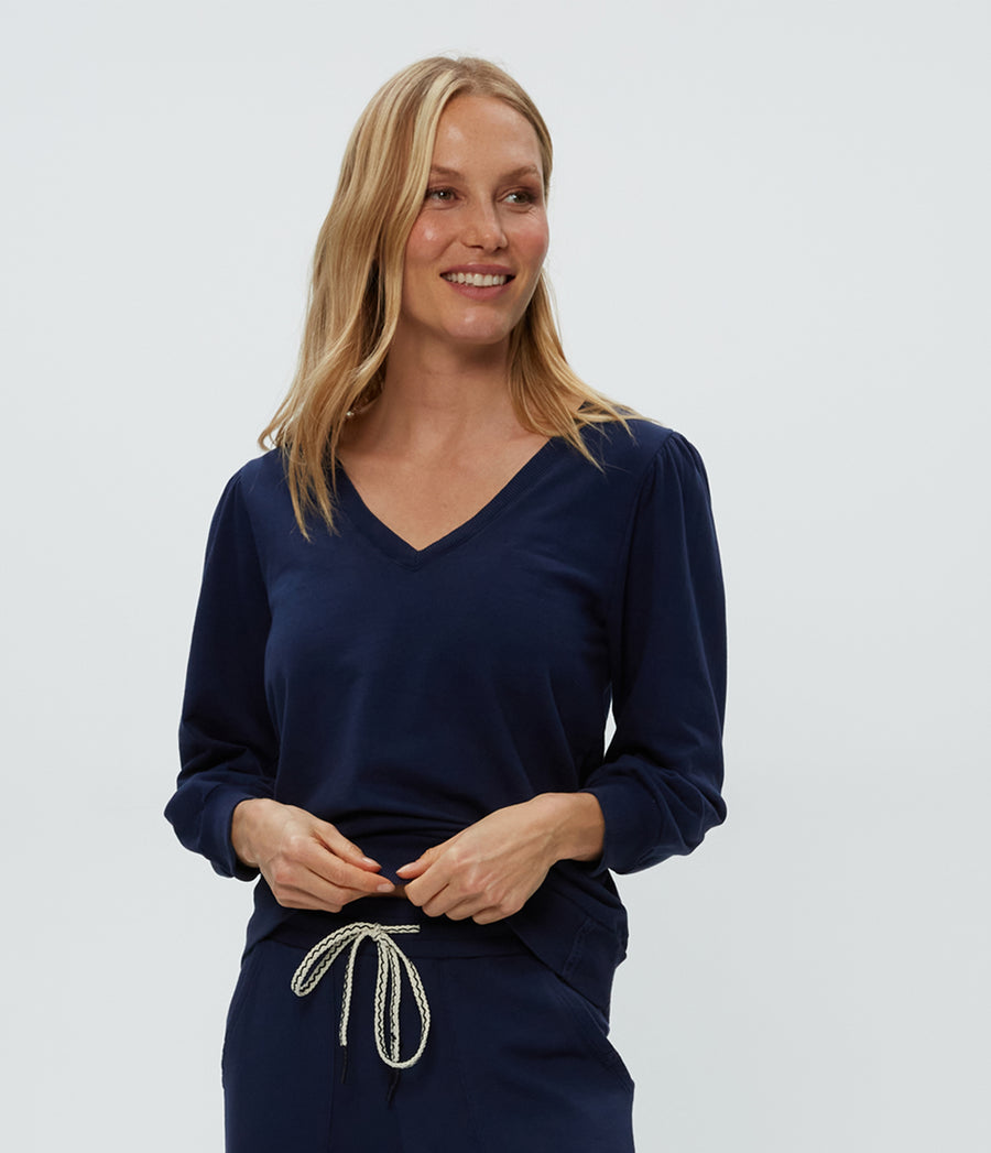 Kit V-Neck Sweatshirt in Nocturnal Blue Close Up View #NOCTURNAL