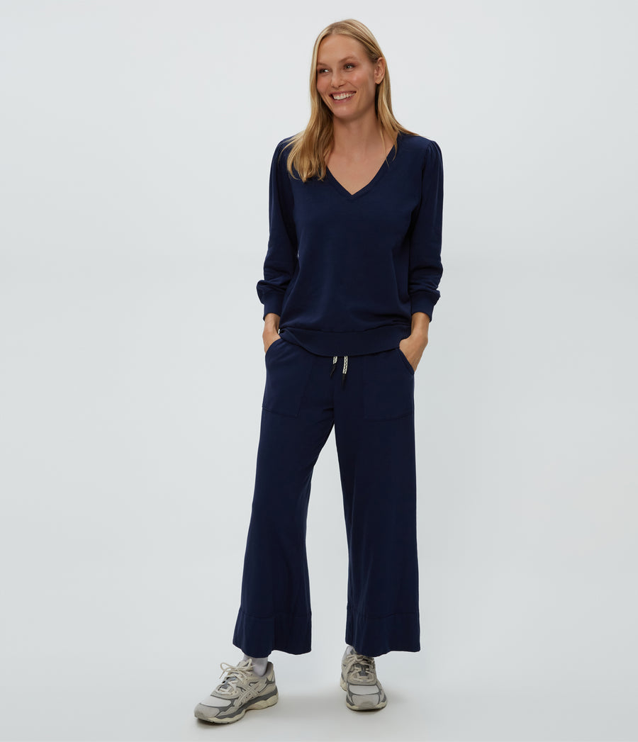 Kit V-Neck Sweatshirt in Nocturnal Blue Full Body View #NOCTURNAL