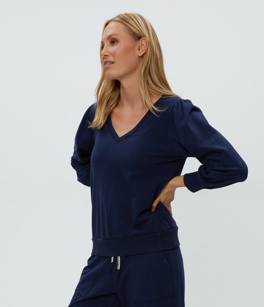 Kit V-Neck Sweatshirt in Nocturnal Blue Side View #NOCTURNAL
