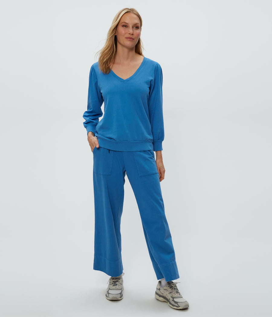 Kit V-Neck Sweatshirt in Ocean Blue Full Body View #OCEAN