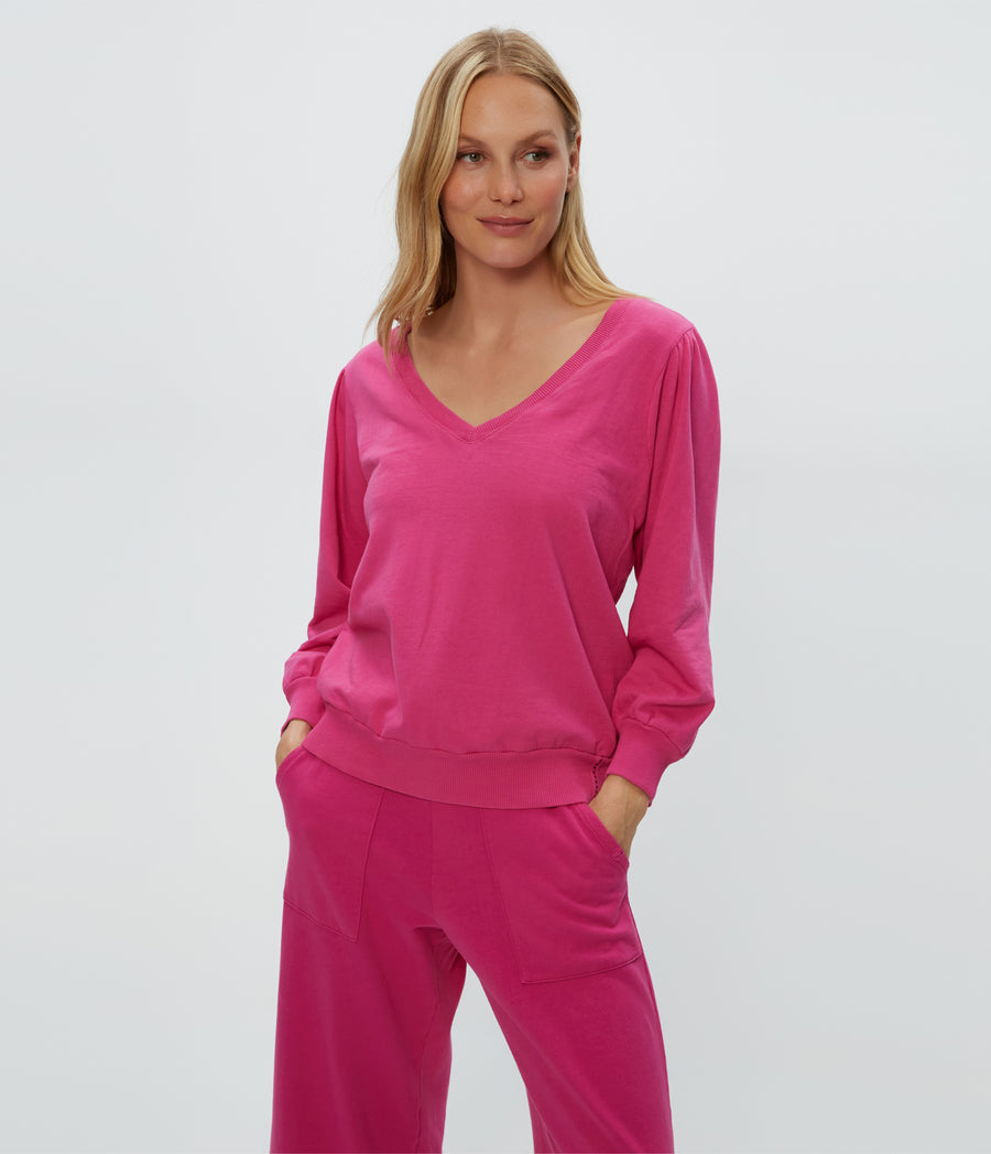 Kit V-Neck Sweatshirt in Pitaya Pink Close Up View #PITAYA