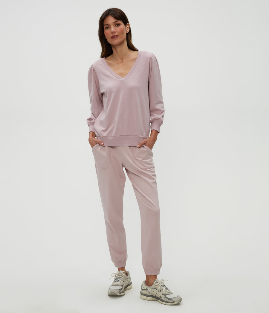Kit V-Neck Sweatshirt in Sachet Pink Full Body View #SACHET