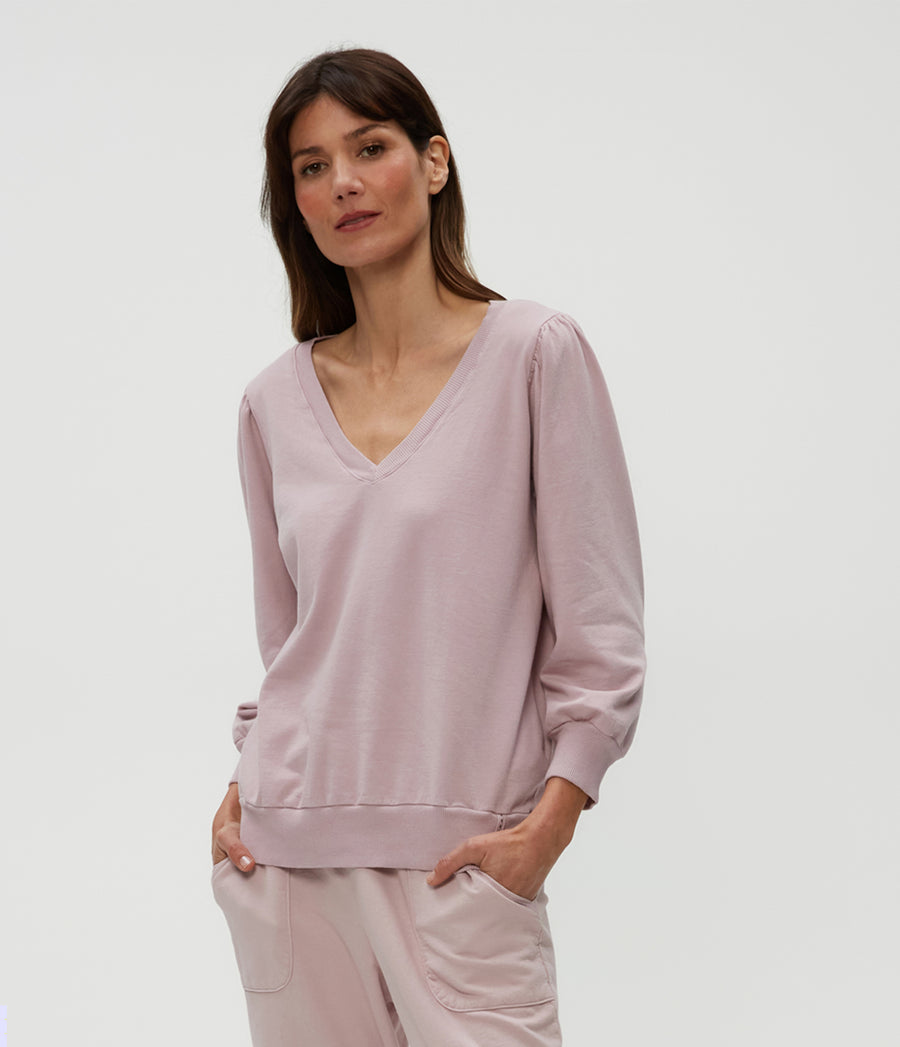 Kit V-Neck Sweatshirt in Sachet Pink Side View #SACHET