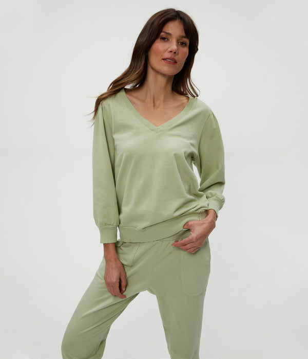 Kit V-Neck Sweatshirt in Seacrest Green Close Up View #SEACREST