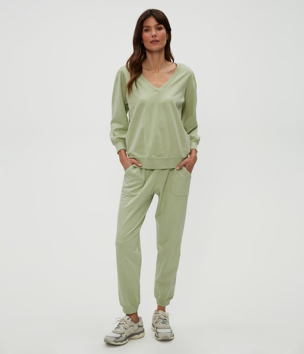 Kit V-Neck Sweatshirt in Seacrest Green Full Body View #SEACREST