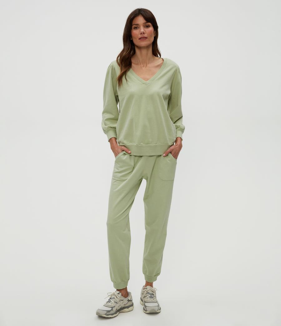 Kit V-Neck Sweatshirt in Seacrest Green Full Body View #SEACREST