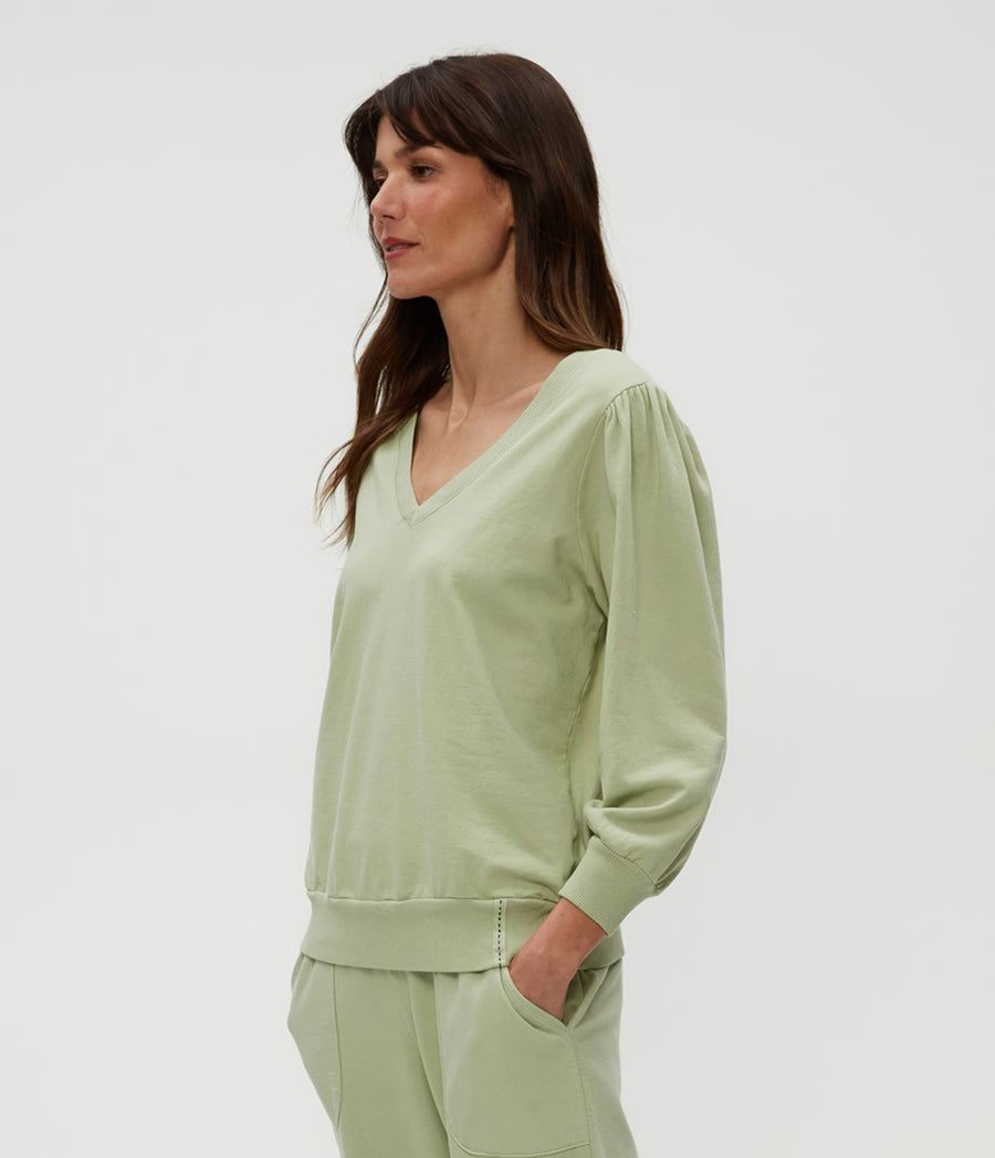 Kit V-Neck Sweatshirt in Seacrest Green Side View #SEACREST