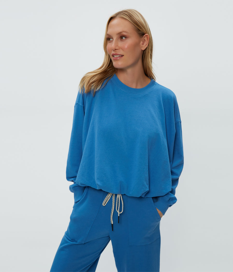 Mariah Bubble Sweatshirt in Ocean Blue Close Up View #OCEAN