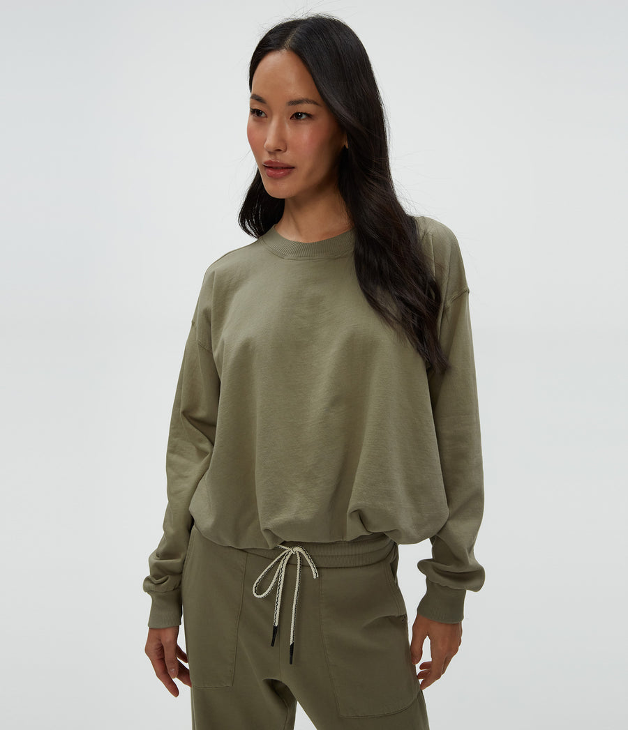 Mariah Bubble Sweatshirt in Olive Green Close up View #OLIVE