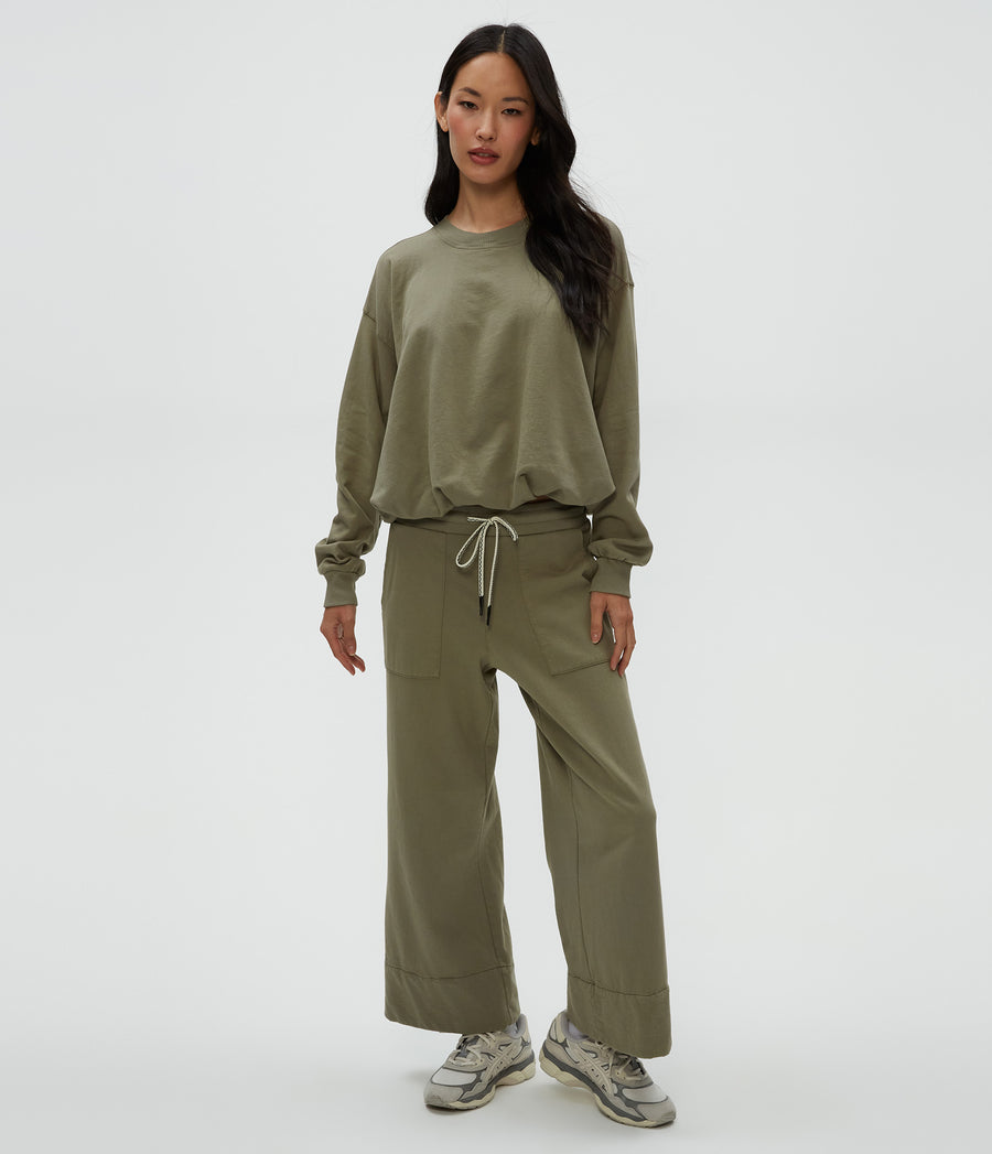 Mariah Bubble Sweatshirt in Olive Green Full Body View #OLIVE