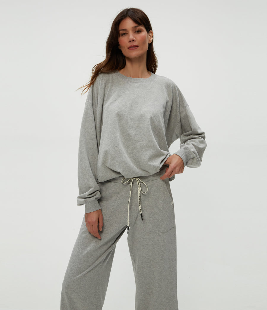 Sadie Drawstring Pant in Heather Grey Grey Close Up View #HEATHER GREY