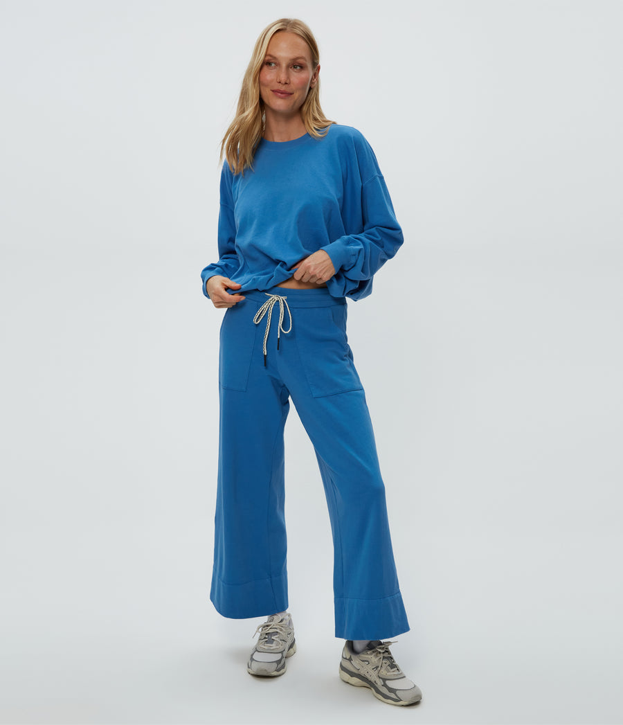 Sadie Drawstring Pant in Ocean Blue Close Up View #OCEAN