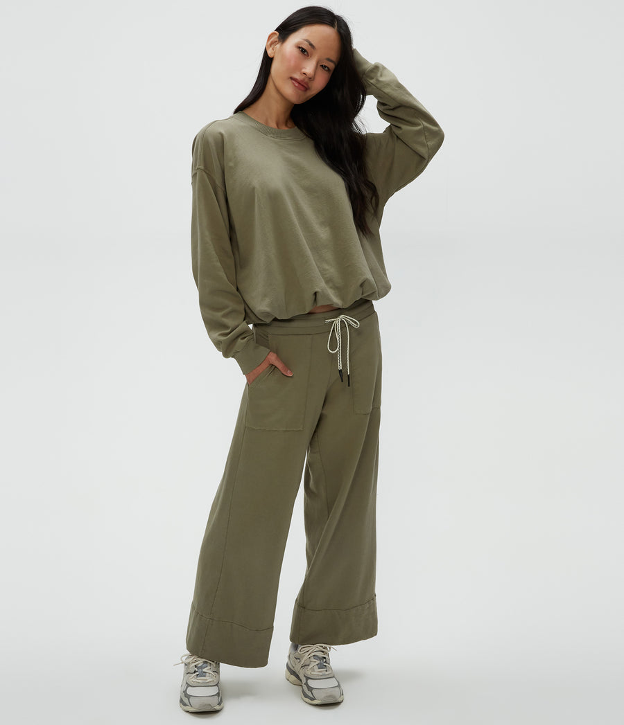 Sadie Drawstring Pant in Olive Green Close up View #OLIVE