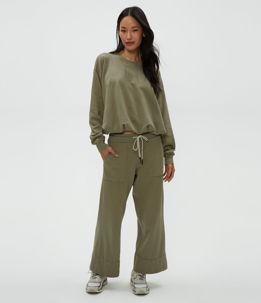 Sadie Drawstring Pant in Olive Green Full Body View #OLIVE