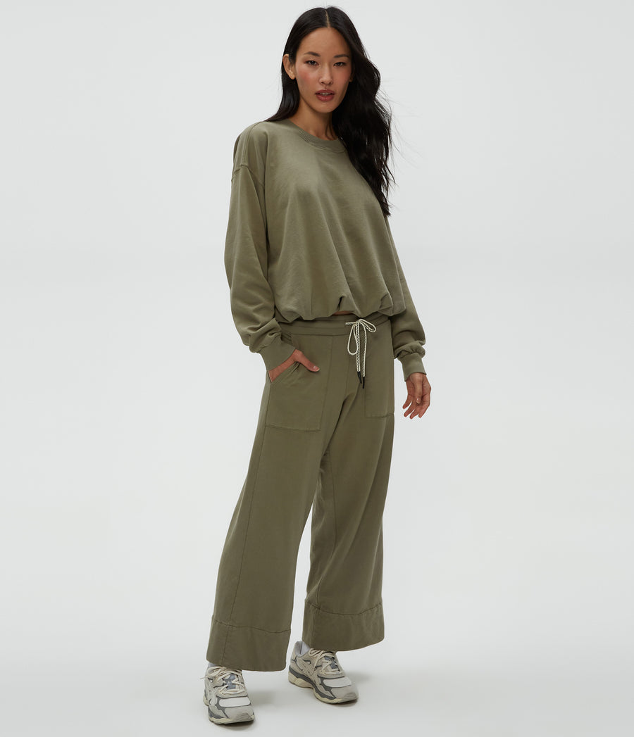 Sadie Drawstring Pant in Olive Green Side View #OLIVE
