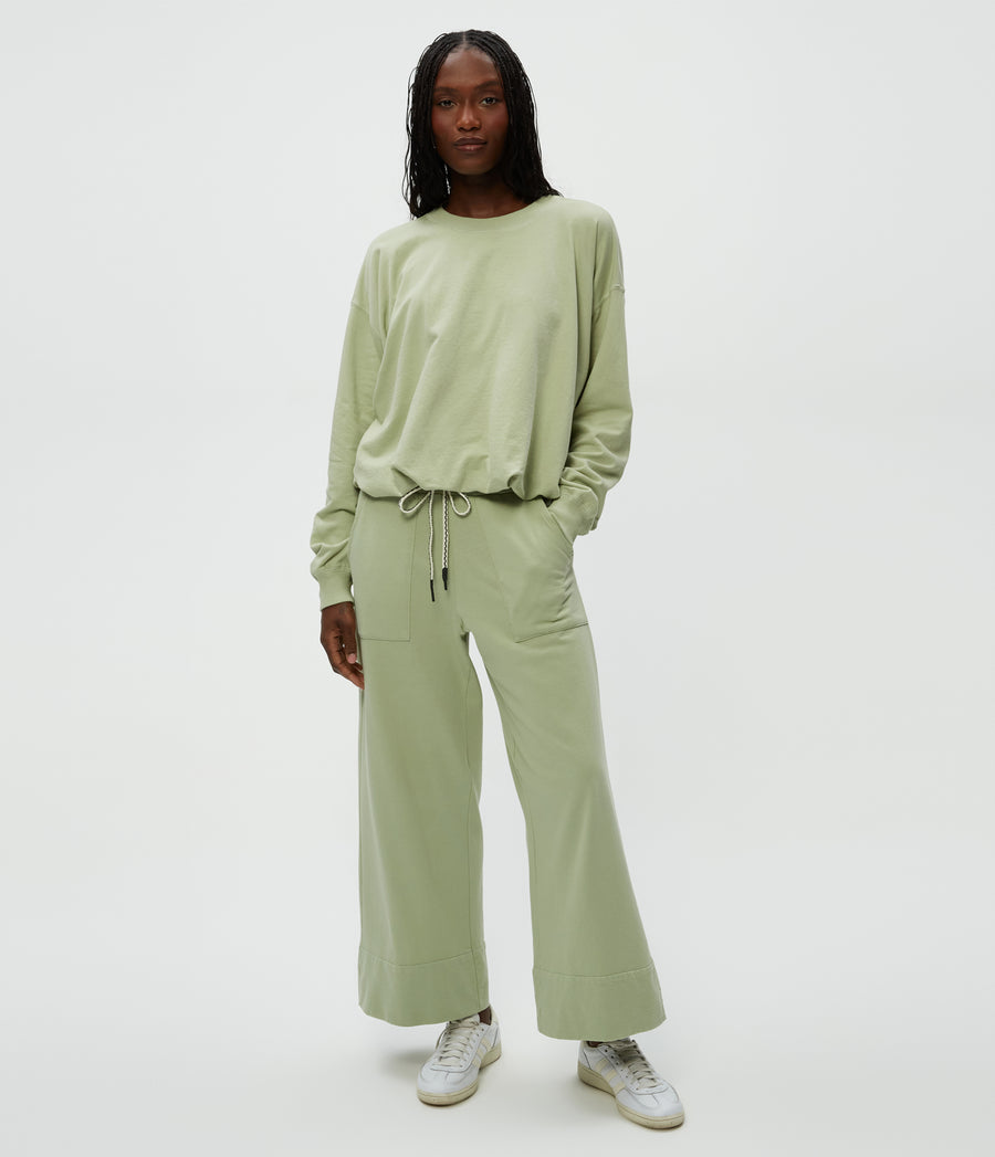 Sadie Drawstring Pant in Seacrest Green Close Up View #SEACREST
