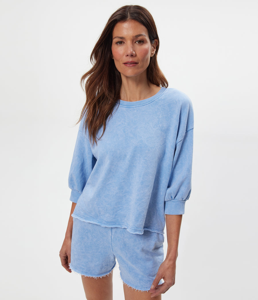 Julia Mineral Wash Pullover in SKY Blue Close up View #SKY