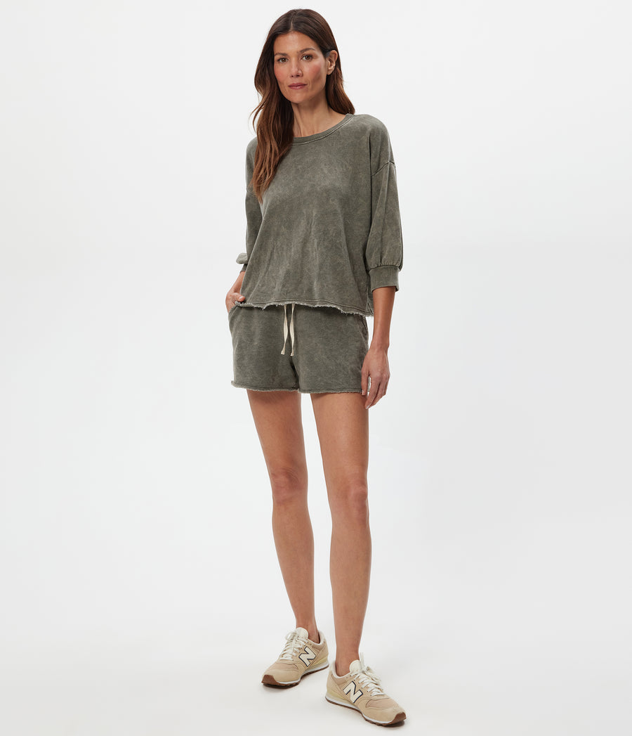 Otto Mineral Sweatshort in CAPER Green Full Body View #CAPER