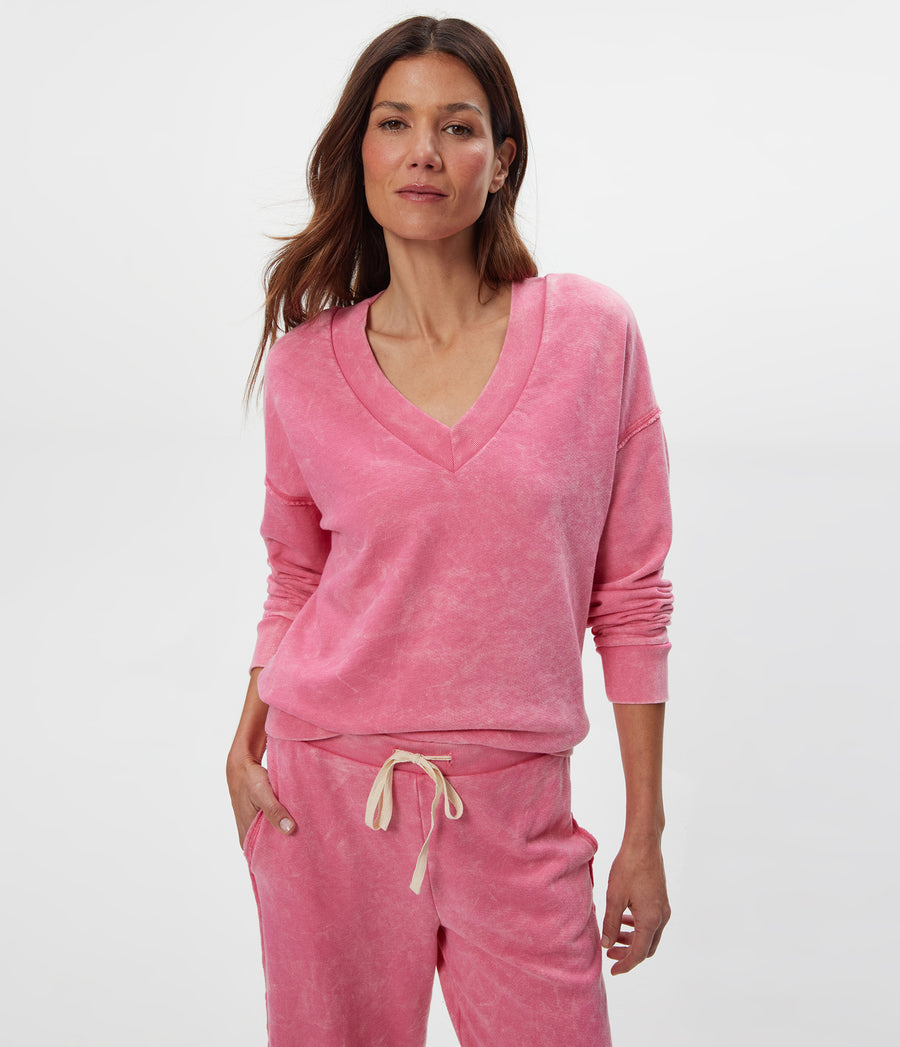Julia Mineral Wash Pullover in DRAGONFRUIT Pink Close Up View #DRAGONFRUIT